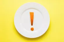 exclamation mark on a plate. healthy eating concept. weight loss strategy. allergy warning.