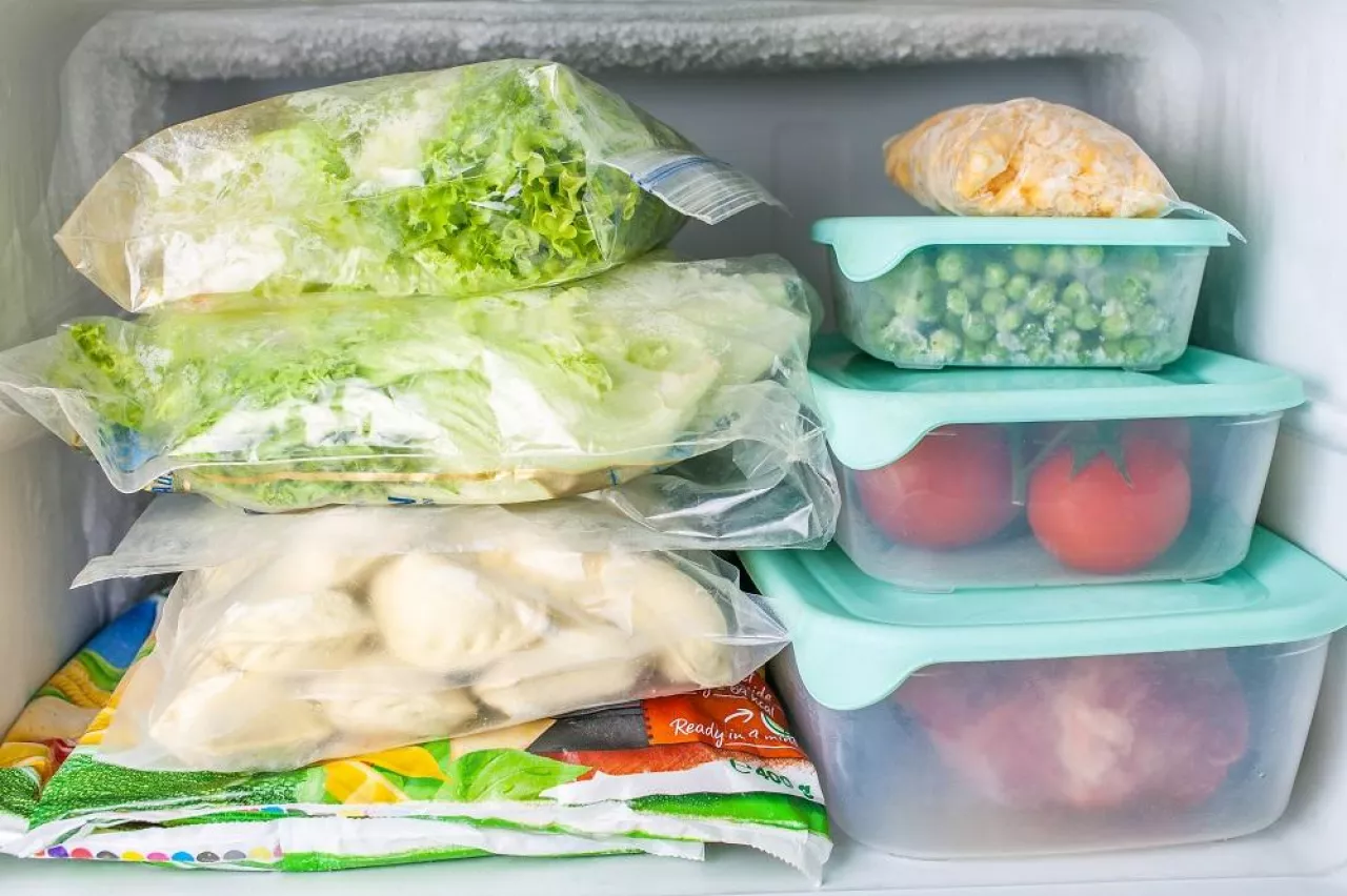 Frozen vegetables and meat in blue plastic containers. Frozen yellow corn, green peas, red tomatoes, meat, dumplings, vegetable mix, salad.