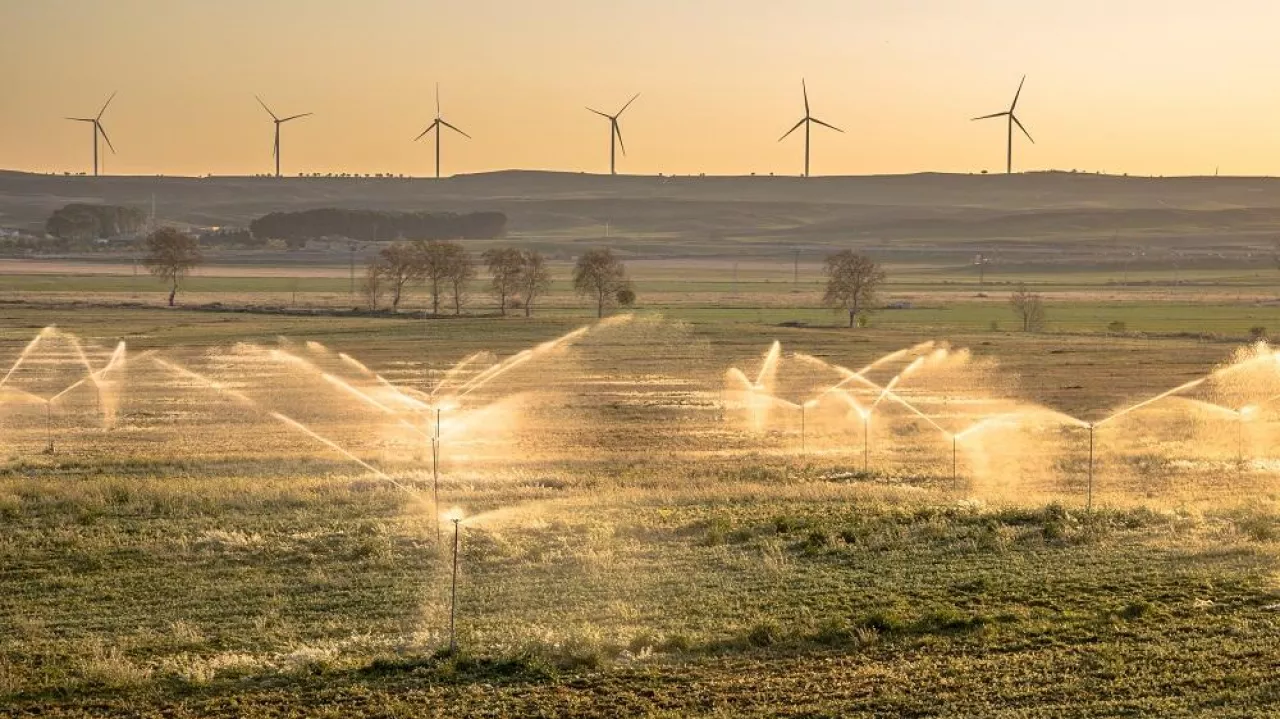 Irrigation sprinklers watering farmland at sunset in Huesca area, Spain.