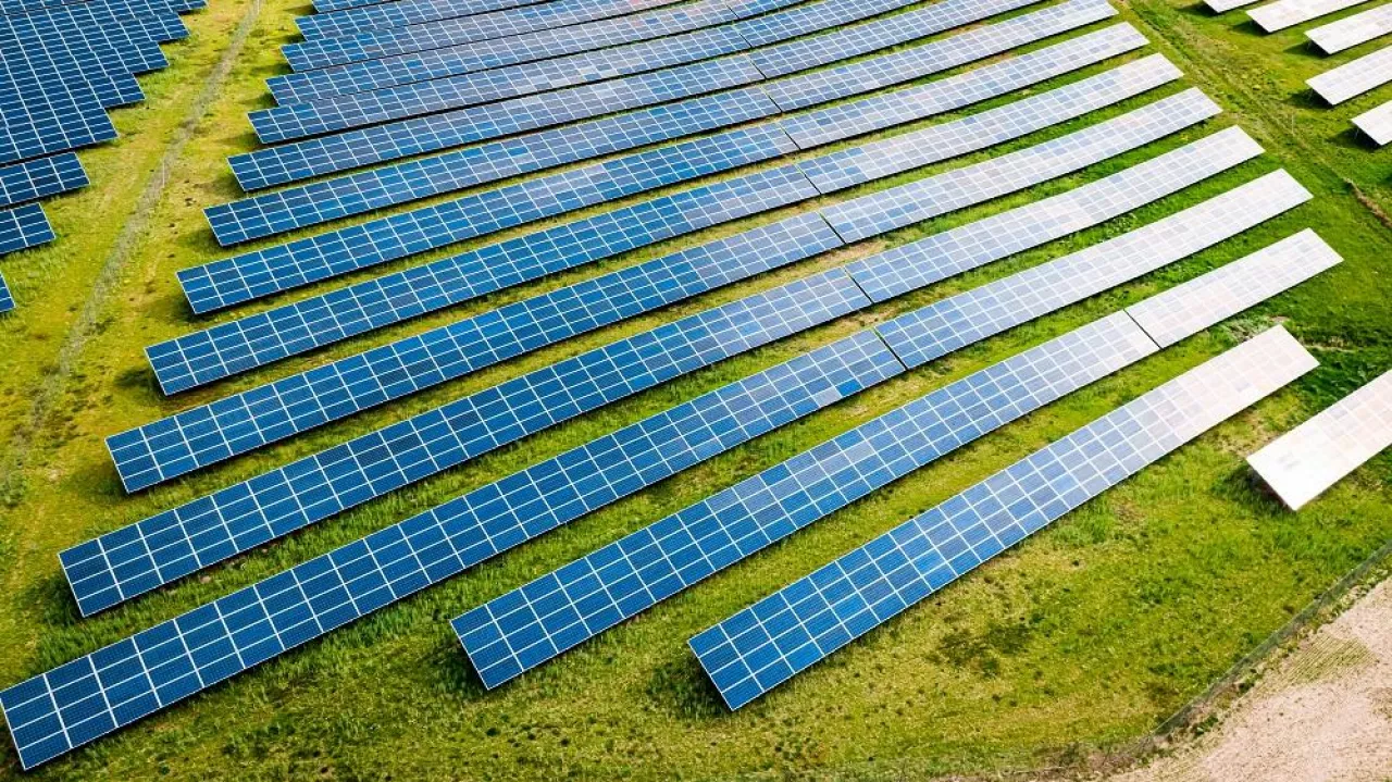 Photovoltaic farm as a renewable energy source. Pure energy in the countryside.