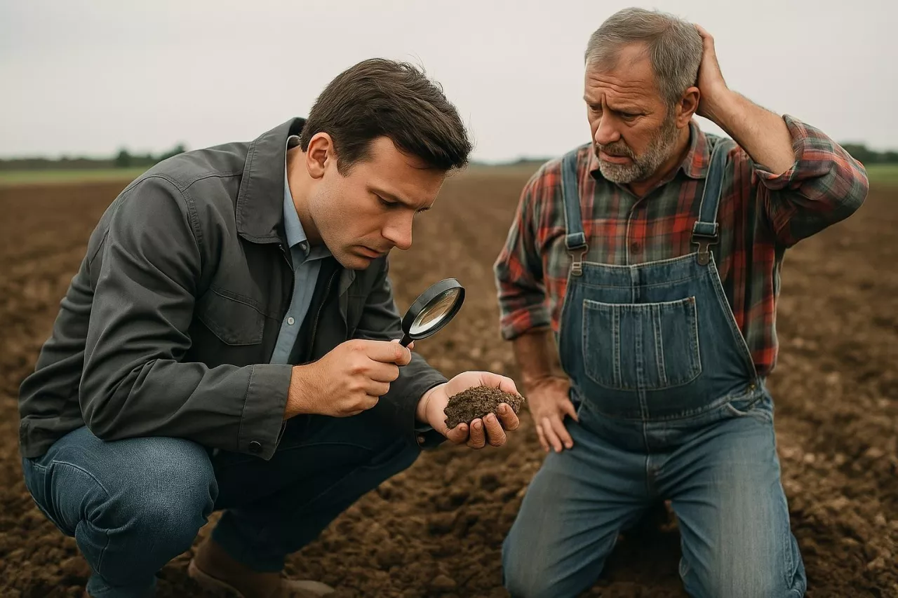 Kontroler z lupą bada glebę na zaoranym polu, podczas gdy zaniepokojony rolnik obserwuje go, drapiąc się po głowie.