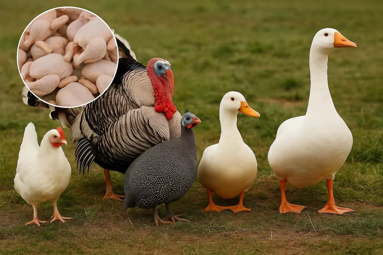 Zdjęcie przedstawia pięć gatunków ptactwa hodowlanego (kurę, indyka, perliczkę, kaczkę i gęś) stojących na trawie w naturalnym otoczeniu. W lewym górnym rogu wklejono zdjęcie mięsa drobiowego w formie mrożonych tuszek. Obraz symbolizuje eksport ukraińskiego drobiu do Unii Europejskiej w ramach ustalonych kontyngentów.