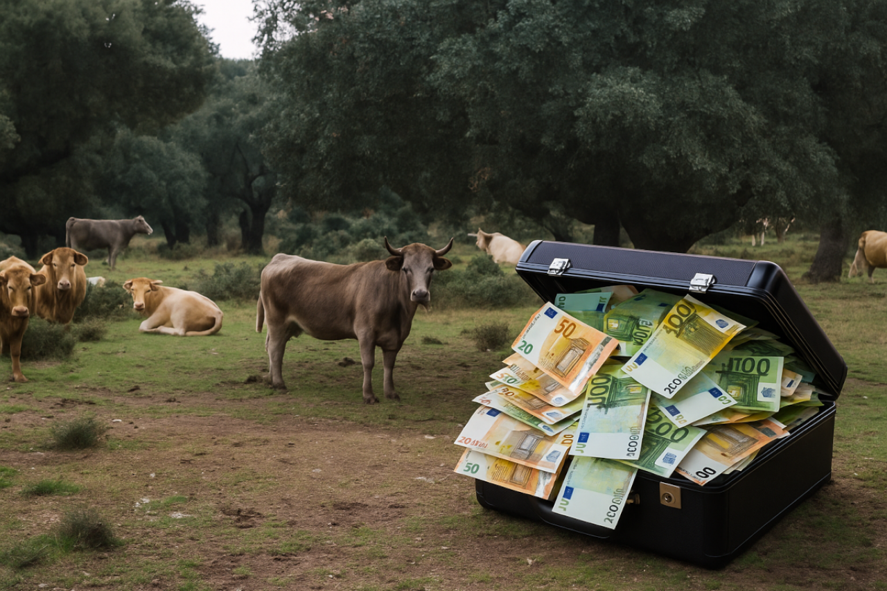 Symboliczna scena przedstawiająca krowy na pastwisku i wypchaną banknotami euro walizkę. Ilustracja do tematów związanych z dopłatami i nadużyciami finansowymi w rolnictwie.