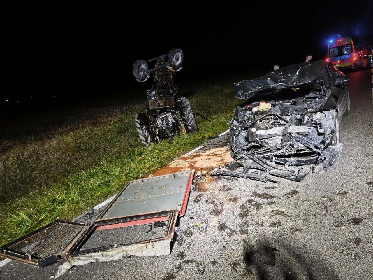 Ursus stojący ”dęba” i rozbite BMW na drodze