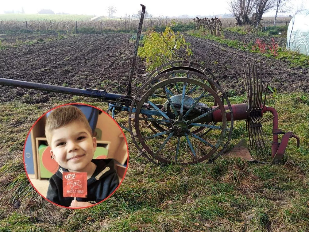 retro kopaczka, twarz chłopca, dla którego mieszkańcy wsi organizują wydarzenie charytatywne