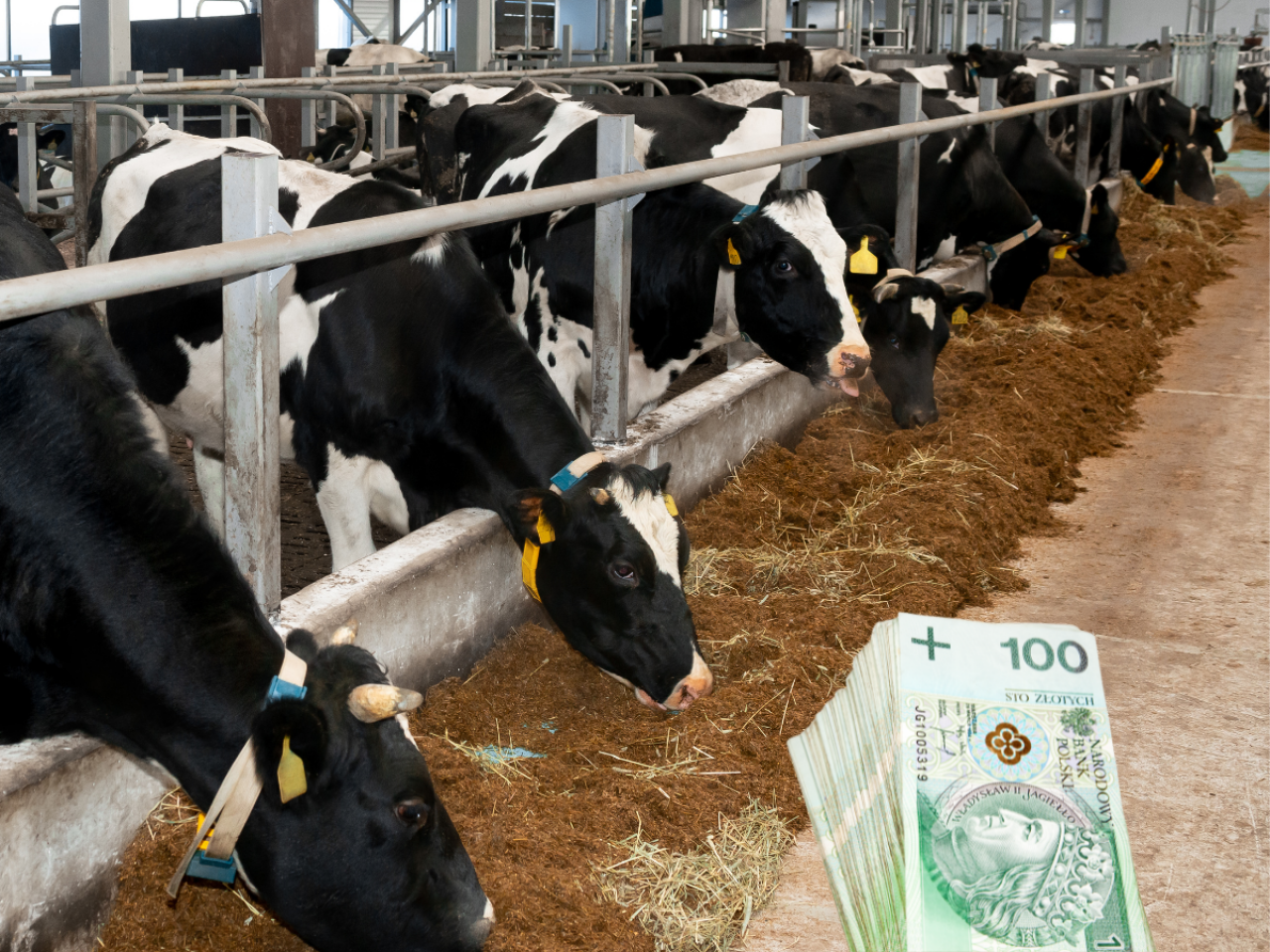 Pieniądze na tle krów, które jedzą paszę w oborze