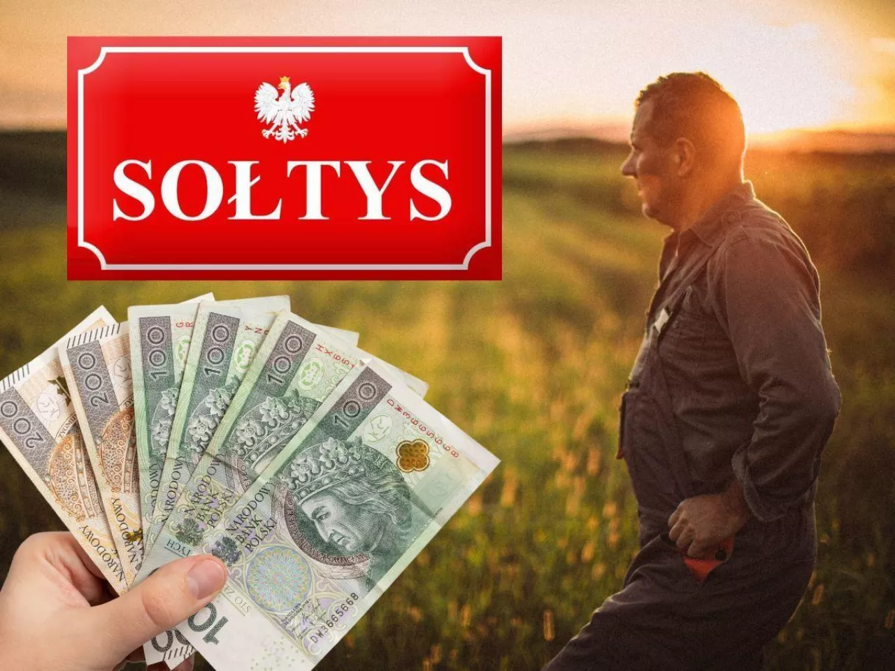 banknoty, postać mężczyzny na tle pola, tabliczka z napisem ”sołtys”