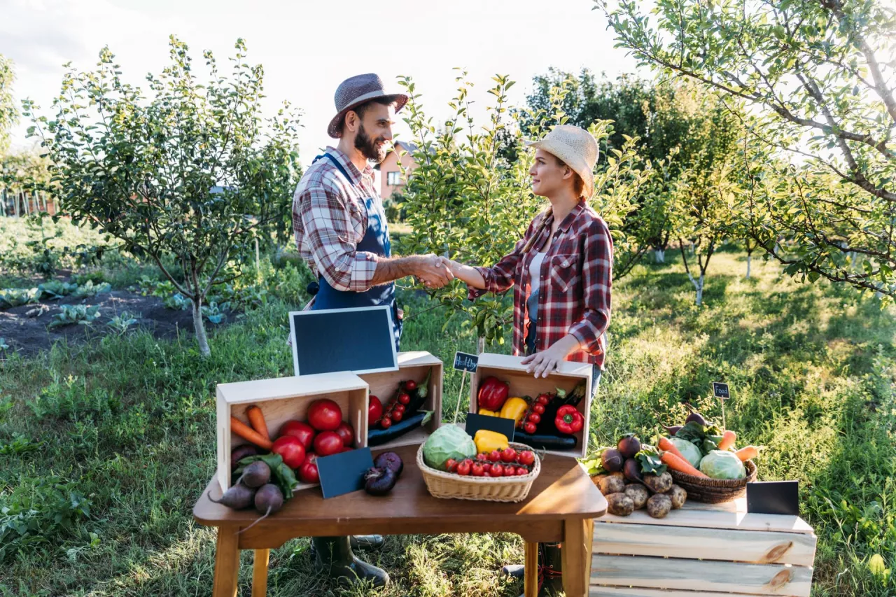 two smiling gardeners shaking hands while standing near stall at farmers market