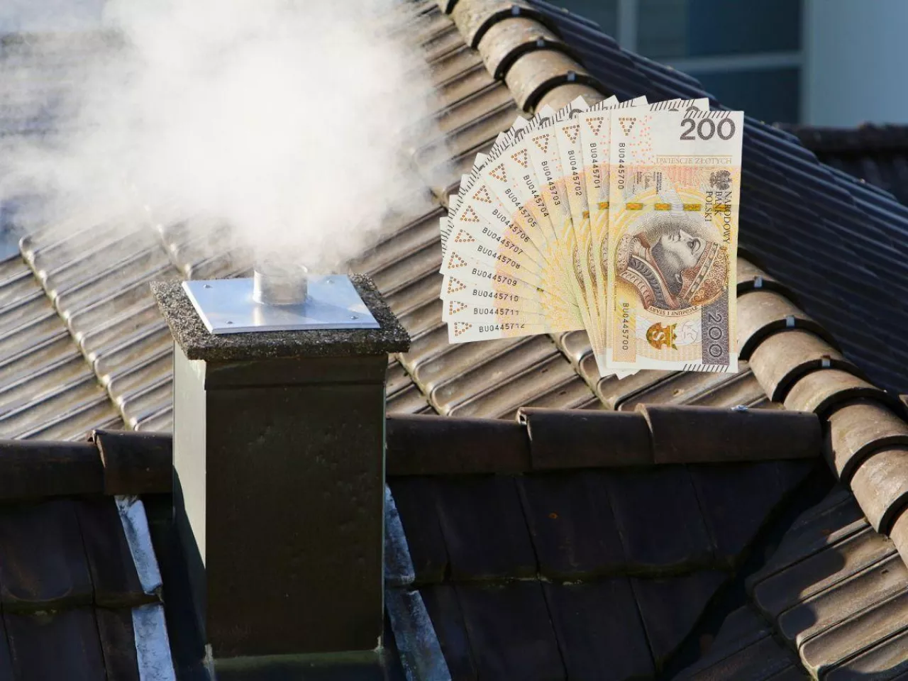 dach, komin, dym z komina i polskie banknoty po prawej u góry