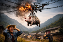 Dron przenoszący świnię nad wsią wisi zaplątany w linii energetycznej, rolnik patrzy z przerażeniem.