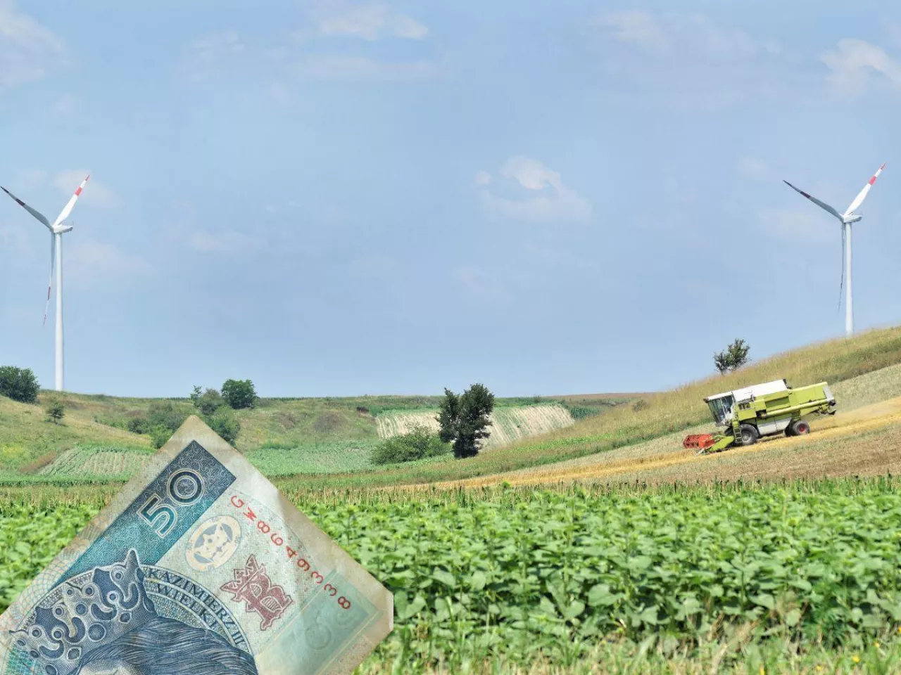 pole z maszyną rolniczą, w lewym dolnym rogu banknoty 