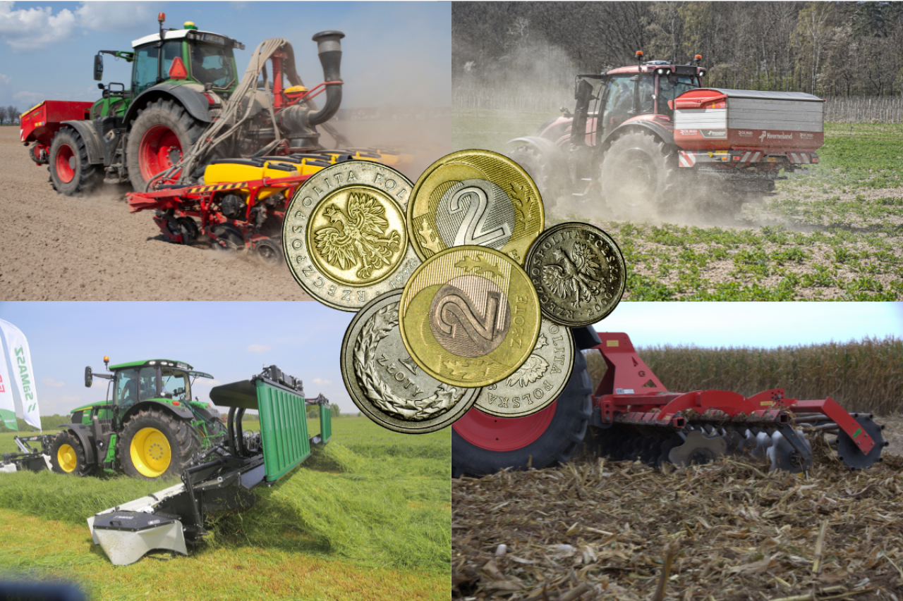 Maszyny rolnicze w pracy na polach – ciągniki z różnymi agregatami, na środku grafiki monety symbolizujące koszty usług rolniczych
